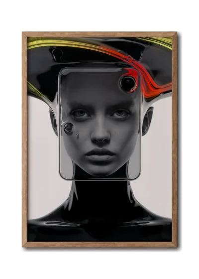 Mockup of a woman gazing through a glass visor with a marbled glass dome above her head presented in a beautiful wood frame