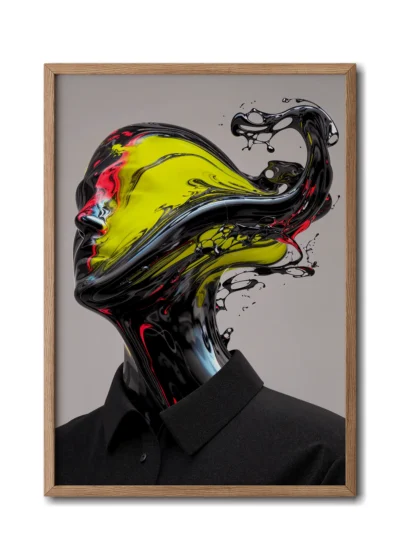 Mockup inside a slim wood frame showcasing a neon glass figure with flowing waves of liquid glass streaming from the head