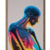 Mockup inside elegant wood frame, neon-style illustration of a skeleton glowing in vibrant electric colors