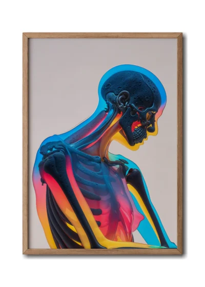 Mockup inside elegant wood frame, neon-style illustration of a skeleton glowing in vibrant electric colors