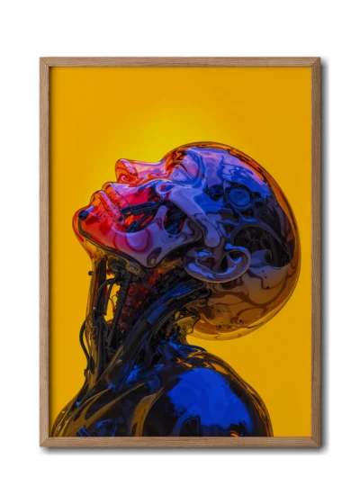 Mockup of a close-up view of a purple glass skull filled with intricate mevhnics and liquid patterns, showcased in an elegant wood frame