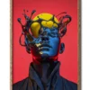 Mockup of glass man’s head colliding with a neon yellow planet, creating a vivid cosmic impact showcased inside a slim wood frame