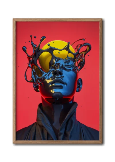 Mockup of glass man’s head colliding with a neon yellow planet, creating a vivid cosmic impact showcased inside a slim wood frame