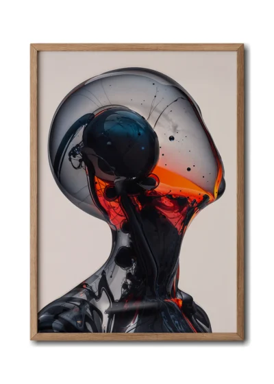 Mockup of glass portrait with grey dome filled with intricate bubbles and liquid shapes showcased in a sleek wood frame