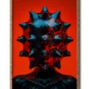 Mockup of a striking red glass figure with a pinhead design, glowing with reflective black details in a sleek wood frame