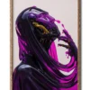 Mockup of violet skull-like figure draped in a flowing liquid glass robe, presented in a sleek wood frame exuding mystery