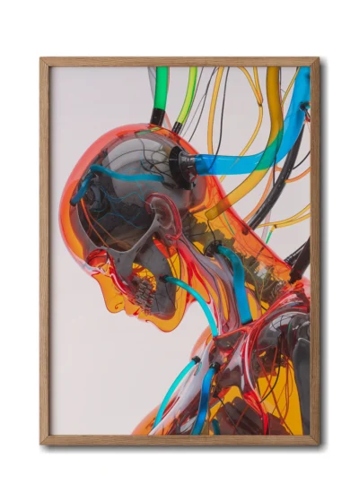 Mockup of a suspended cyborg connected to wires, revealing a skeleton within its glass body presented in a sleek wood frame