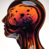 A glass portrait with an orange dome filled with intricate bubbles and liquid patterns