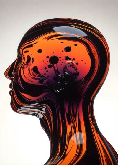 A glass portrait with an orange dome filled with intricate bubbles and liquid patterns