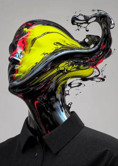 A neon glass figure with flowing waves of liquid glass streaming from the head