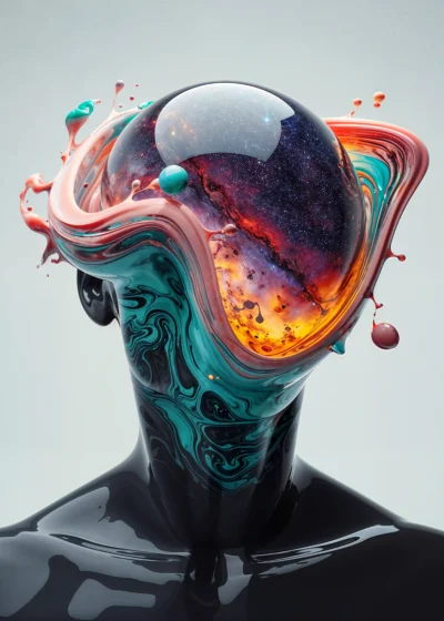 A glass figure with a luminous planet colliding with his head, surrounded by vibrant energy