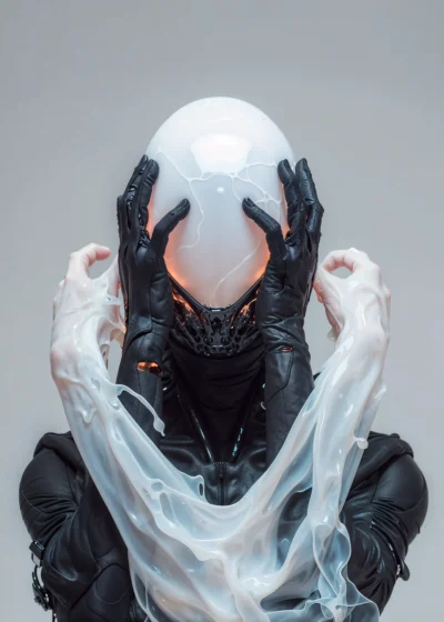 A cyborg with a milk-glass dome head, surrounded by ethereal ghost-like arms