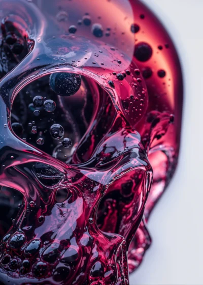 Close-up of a purple glass skull with intricate details of bubbles and liquid textures inside