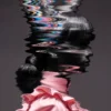 A glitch-style side profile of a woman in pink clothes, with distorted digital effects