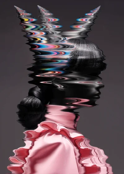 A glitch-style side profile of a woman in pink clothes, with distorted digital effects