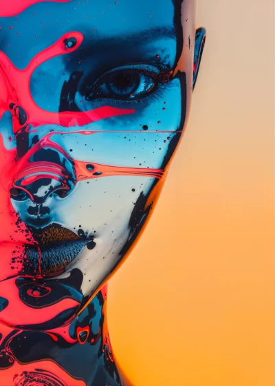 A half-face glass portrait adorned with colorful splatters of paint and oil