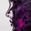 A glass woman in profile with a purple moonlike landscape etched across her face