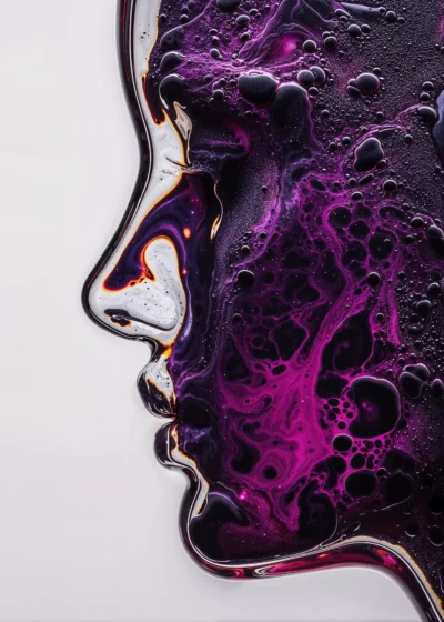 A glass woman in profile with a purple moonlike landscape etched across her face