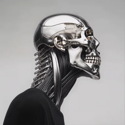 A silver chrome cyborg skull dressed in black, reflecting an industrial aesthetic