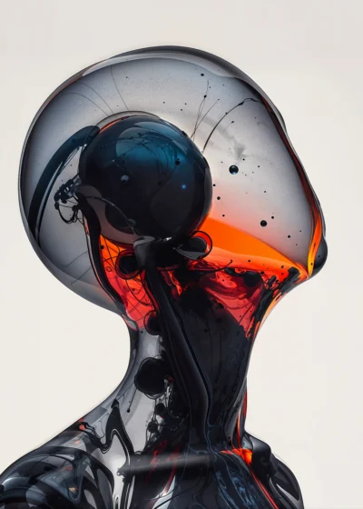 A glass portrait with grey dome filled with intricate bubbles and liquid shapes