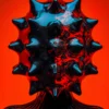 A striking red glass figure with a pinhead design, glowing with reflective details