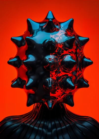 A striking red glass figure with a pinhead design, glowing with reflective details