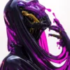 A violet skull-like figure draped in a flowing liquid glass robe, exuding mystery