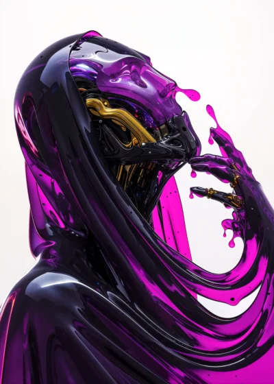 A violet skull-like figure draped in a flowing liquid glass robe, exuding mystery