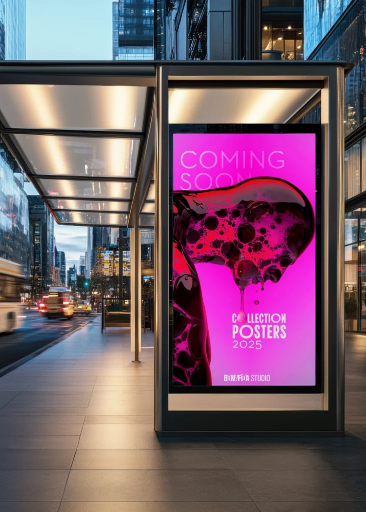 Mockup of a graphic design poster in warm red and neon pink, showcased in a busstop