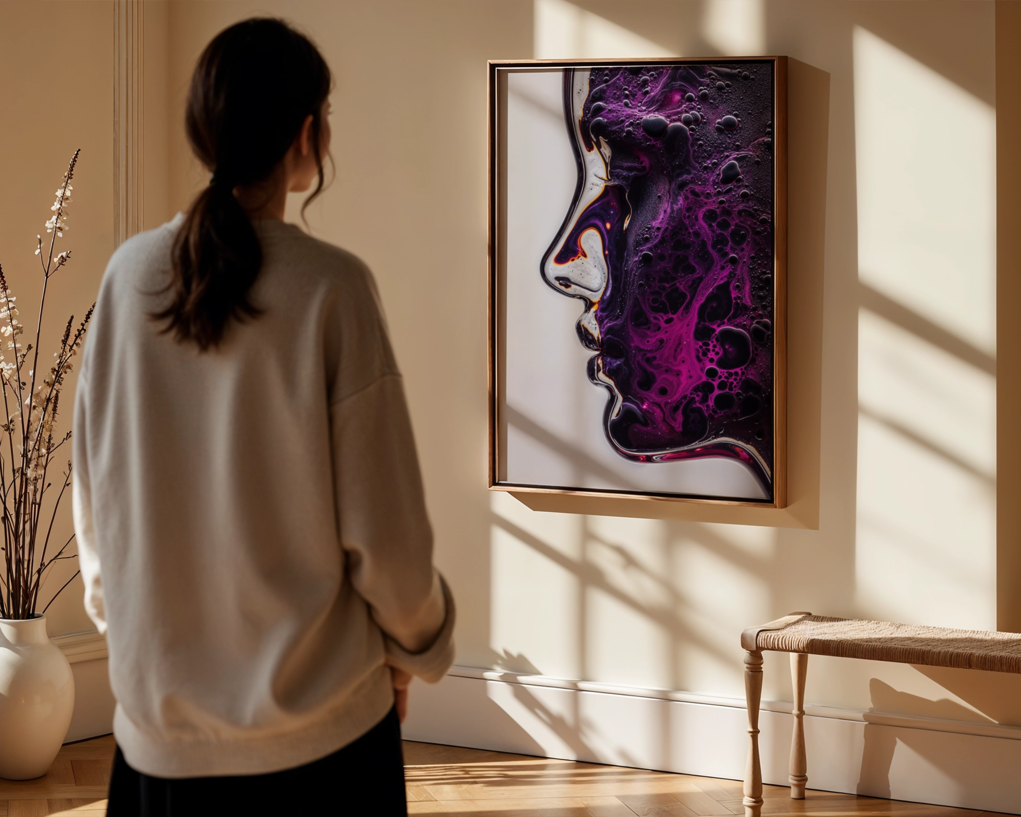 Mockup of liquid glass themed portraits of women adorned with vivid orange and green glass stains presented inside slim wooden frames presented by a stunning woman